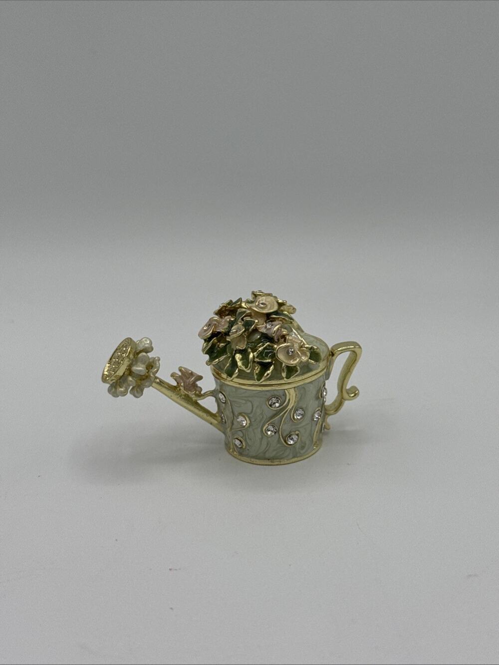 White Floral Watering Can Trinket Box Jeweled Enamel Miniature